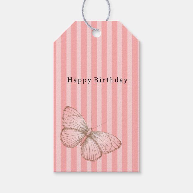 Étiquettes-cadeau Pink Stripes with Butterfly Birthday (Devant)