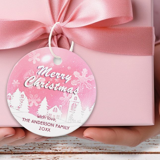 Étiquettes Cadeau Pink White House Snowflakes Noël Bonne année (Créateur téléchargé)