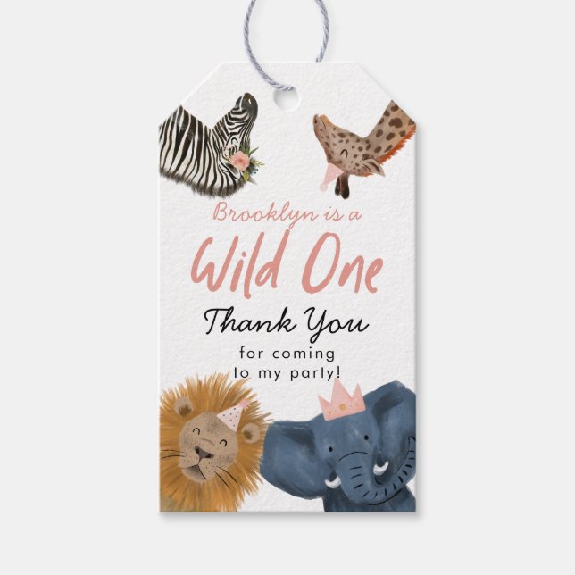 Étiquettes-cadeau Pink Wild One Safari Animaux Anniversaire (Devant)
