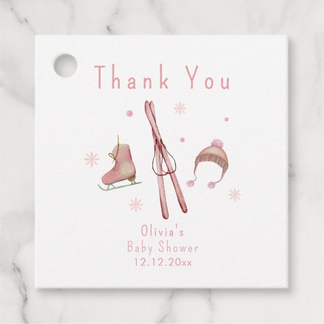 Étiquettes Cadeau Pink Winter Woodland Après Bébé Ski Baby Shower  (Devant)