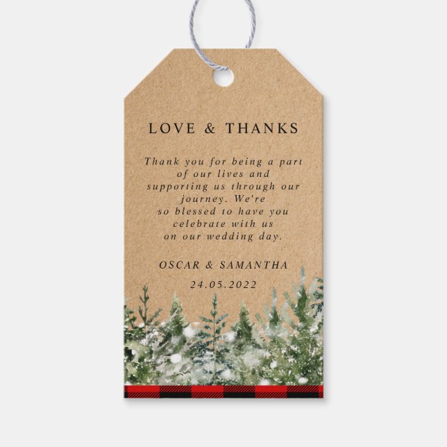 Étiquettes-cadeau Pins d'aquarelle Kraft et buffle rouge Plaid (Devant)