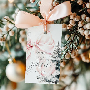 Étiquettes-cadeau Pins de Bow rose Hiver Onederland 1er anniversaire