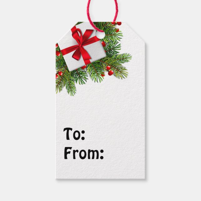 Étiquettes-cadeau Pins de Noël avec blanc présent Ruban Rouge (Devant)
