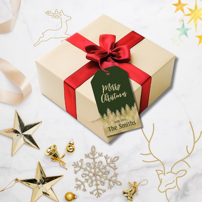 Étiquettes-cadeau Pins d'or vert foncé simple Joyeux Noël (Créateur téléchargé)