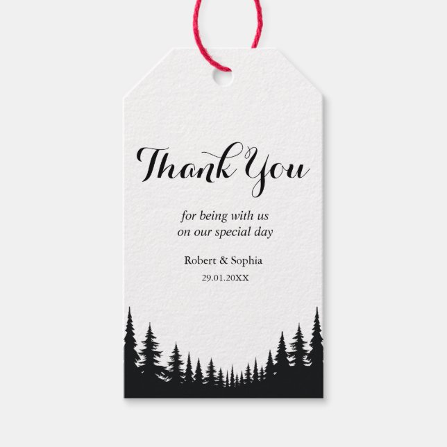 Étiquettes-cadeau Pins noirs et blancs Mariage d'hiver (Devant)