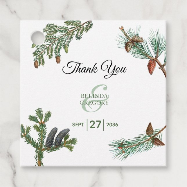 Étiquettes Cadeau Pins rustiques Mariage de verdure forestière (Devant)