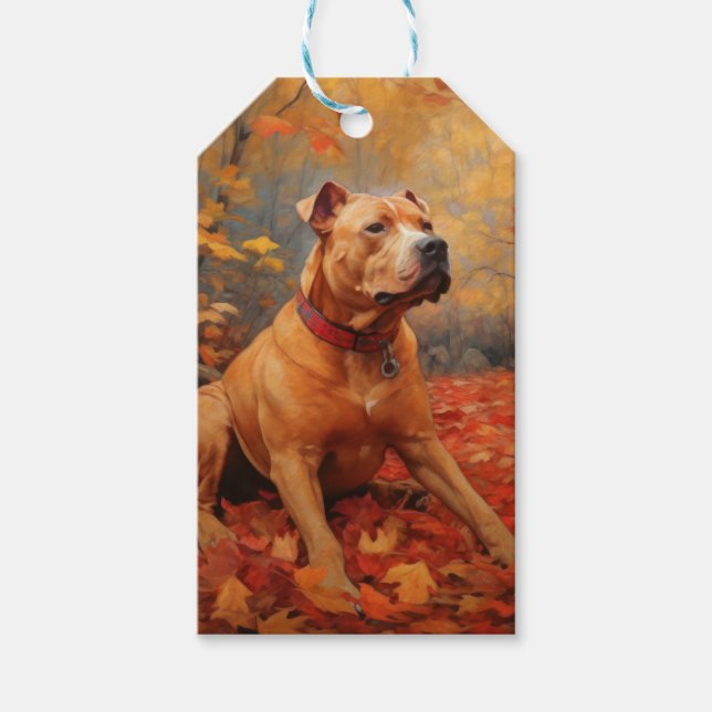 Étiquettes-cadeau Pitbull à l'automne Feuilles automne Inspiration (Devant)