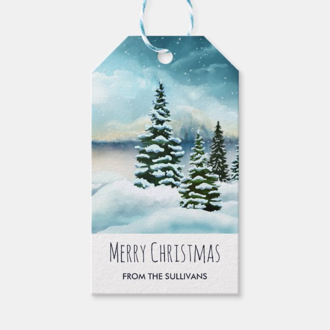 Étiquettes-cadeau Pittoresque Winter Wonderland aquarelle peinture (Devant)