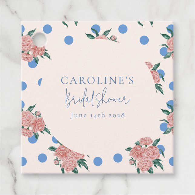 Étiquettes Cadeau Pivoine Florale Rétro à Points Bleus Mariage sur M (Devant)
