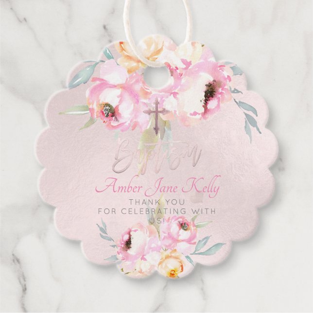 Étiquettes Cadeau PixDezines Aquarelle Baptême Blush Merci (Devant)