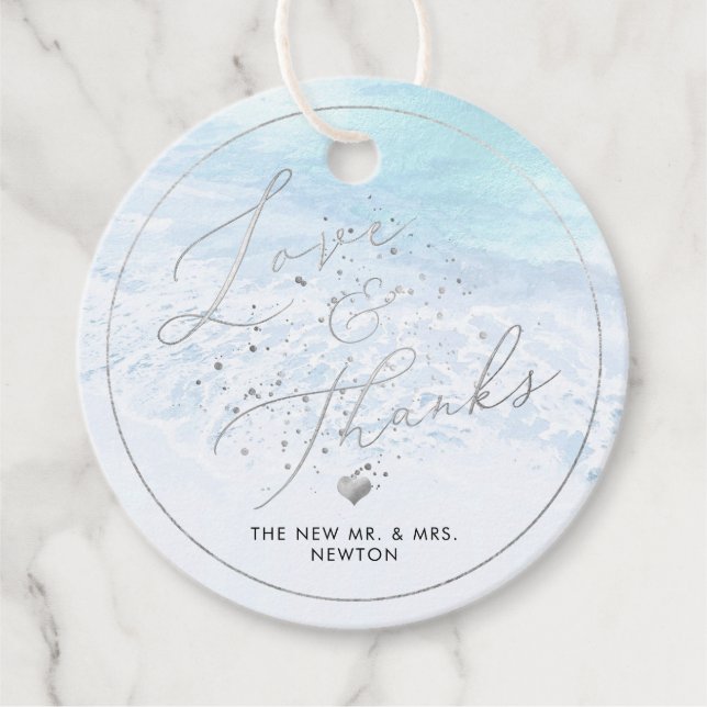 Étiquettes Cadeau PixDezines Bleu Cristal Shoreline, Merci de plage (Devant)