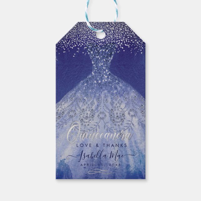 Étiquettes-cadeau PixDezines Quinceanera Sparkle Gown, Blue Ombre (Devant)