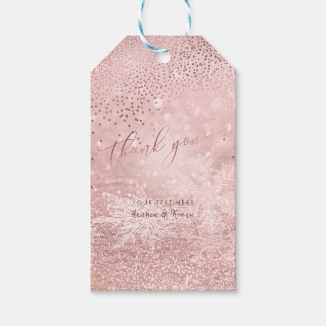 Étiquettes-cadeau PixDezines Rose Gold Snow Bokeh+Confetti Merci (Devant)