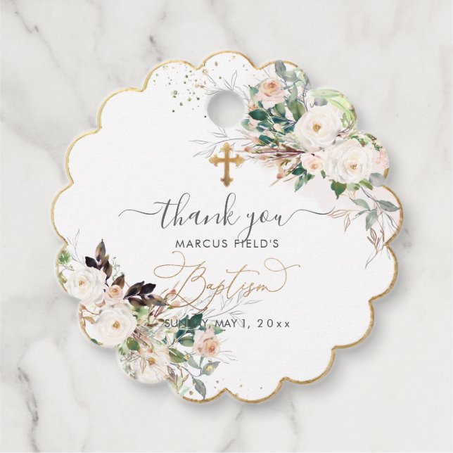 Étiquettes Cadeau PixDezines roses roses blush baptême aquarelle (Devant)