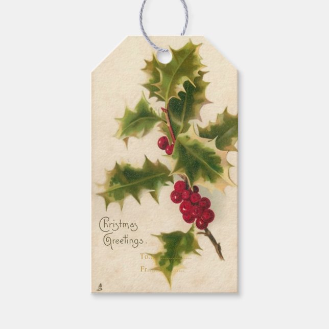 Étiquettes-cadeau PixDezines Vintage Christmas Holly (Devant)