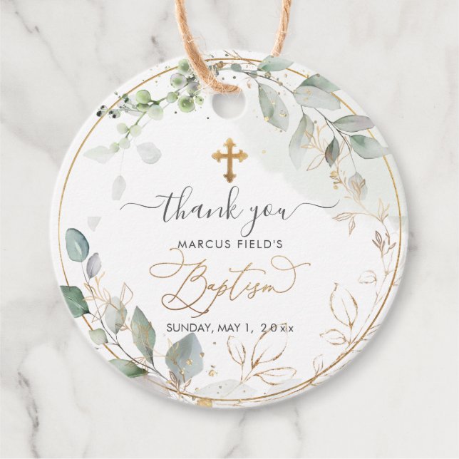 Étiquettes Cadeau PixDezines Watercolor Gum Eucalyptus WreathBaptism (Devant)