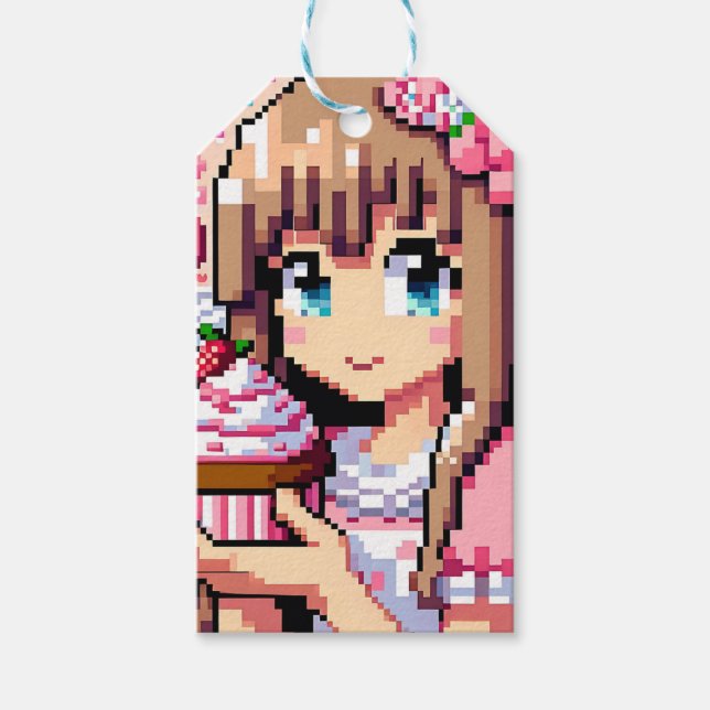 Étiquettes-cadeau Pixel Art Girl's rose Birthday Girl (Devant)