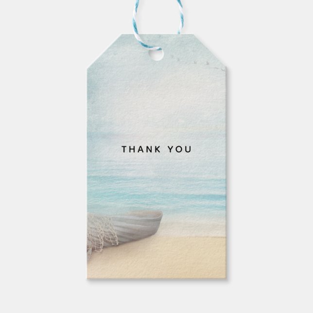 Étiquettes-cadeau Plage côtière avec Merci de bateau de pêche (Devant)