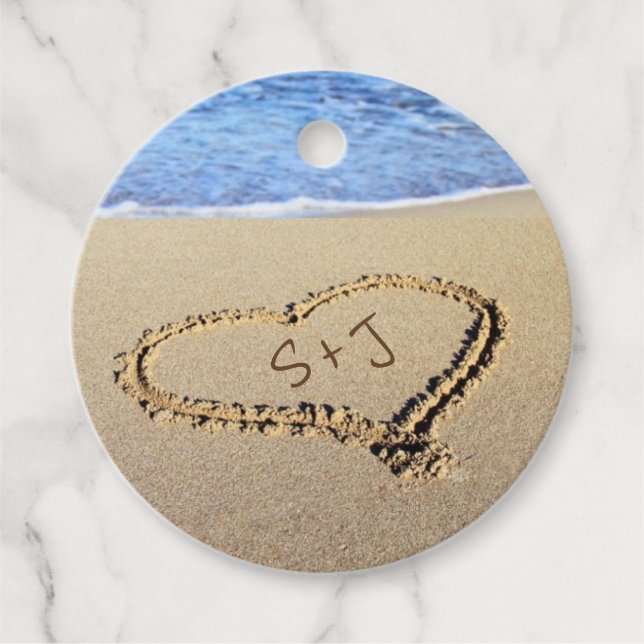 Étiquettes Cadeau Plage Destination Mariage Sand Heart Initiales (Devant)