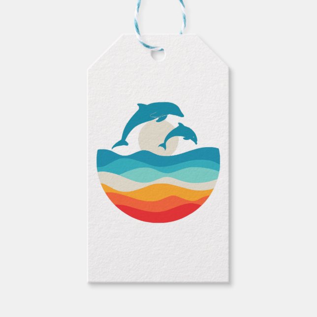 Étiquettes-cadeau Plage Dolphin vintage Retro Summer Time (Devant)