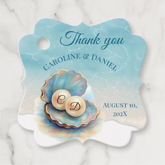 Étiquettes Cadeau Plage Mariage Pearls Shell Elégant thème Océan (Devant)