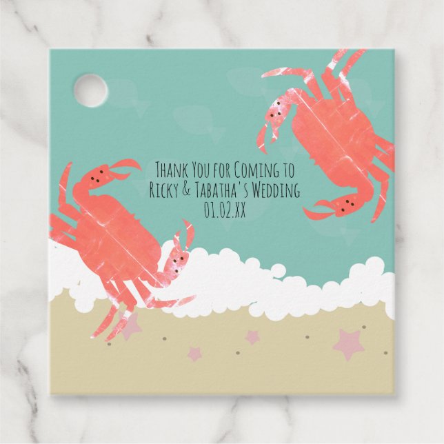 Étiquettes Cadeau Plage Mariage Sable Poisson Crabes Vagues (Devant)