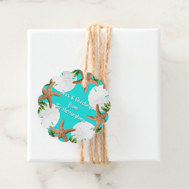 Étiquettes Cadeau Plage Mer Wreath et Noël de voeux (En situation)