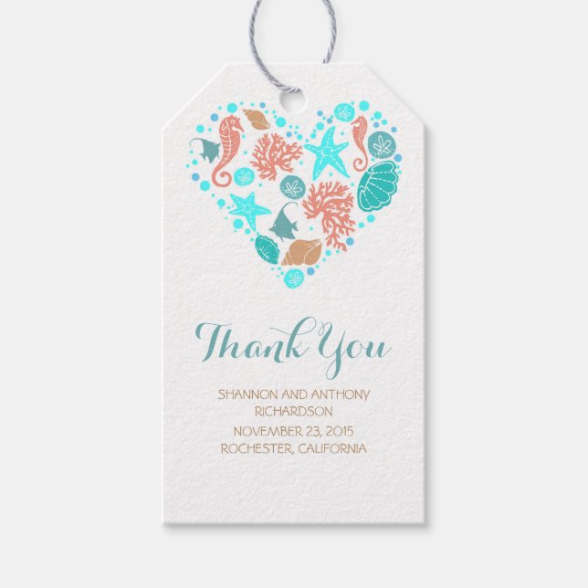 Étiquettes-cadeau Plage Océan Nautique Trésors Coeur Mariage (Devant)