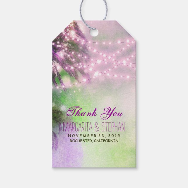 Étiquettes-cadeau Plage Palms Aquarelle violet Mariage Merci (Devant)
