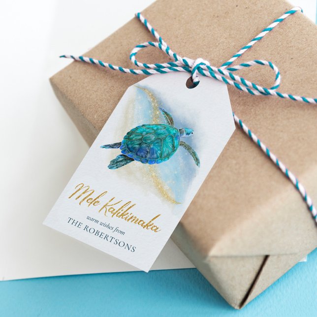 Étiquettes-cadeau Plage Tortue côtière Mele Kalikimaka (Créateur téléchargé)