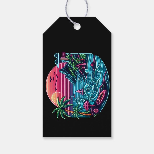 Étiquettes-cadeau Plage tropicale/néon hawaïen (Devant)