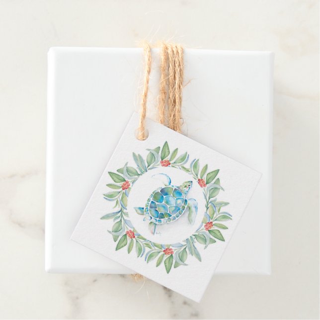 Étiquettes Cadeau Plage unique Noël Aquarelle Tortue de mer (En situation)