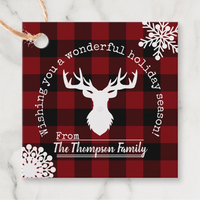 Étiquettes Cadeau Plaid de rennes rouges et noirs personnalisées (Devant)