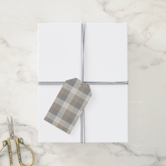 Étiquettes-cadeau Plaid Maison de Campagne Rustique Brun Gris Ivoire (Avec de la ficelle)