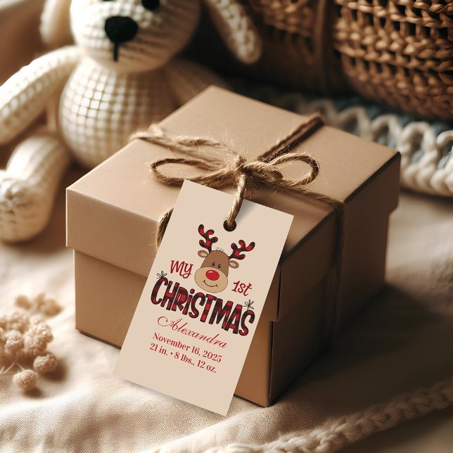 Étiquettes-cadeau Plaid Reindeer Baby First Christmas (Créateur téléchargé)