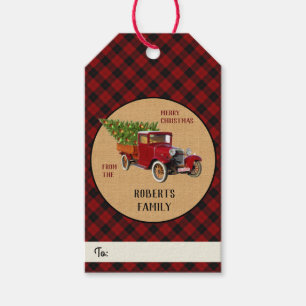 Étiquettes-cadeau Plaid rouge de camion vintage de ferme d'arbre de