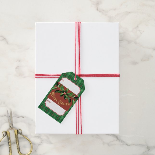 Étiquettes-cadeau Plaid vert de Noël (Avec de la ficelle)