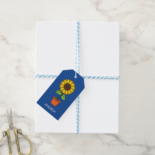 Étiquettes-cadeau Plante de tournesol dans un pot (Avec de laficelle)