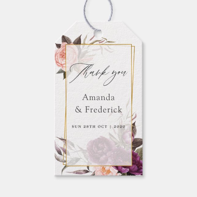 Étiquettes-cadeau Plum de Bourgogne et Mariage géométrique floral fl (Devant)