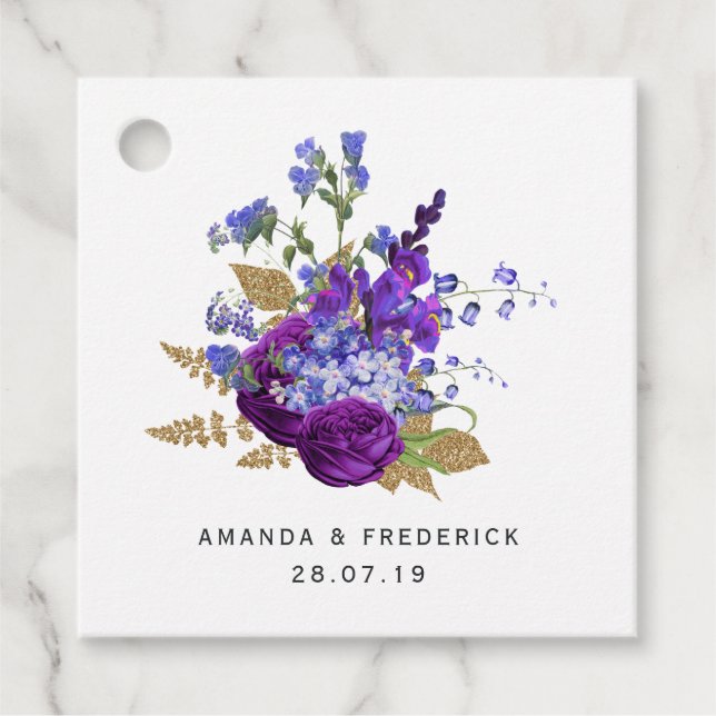 Étiquettes Cadeau Plum profond violet et Mariage d'or (Devant)