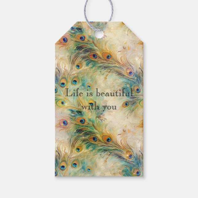 Étiquettes-cadeau Plumes Aqua Green Gold Peacock (Devant)