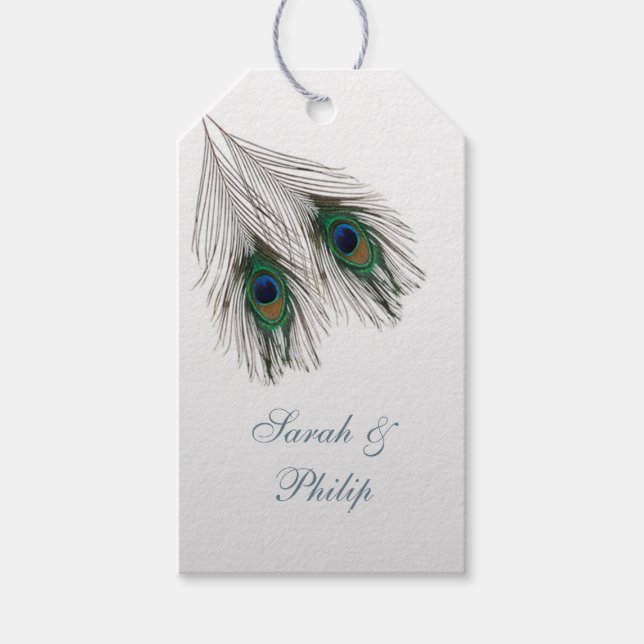 Étiquettes-cadeau Plumes de paon bleu vert Merci Mariage (Devant)