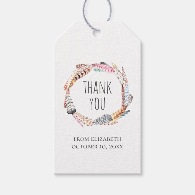 Étiquettes-cadeau Plumes de saumons d'aquarelle. Anniversaire merci (Devant)