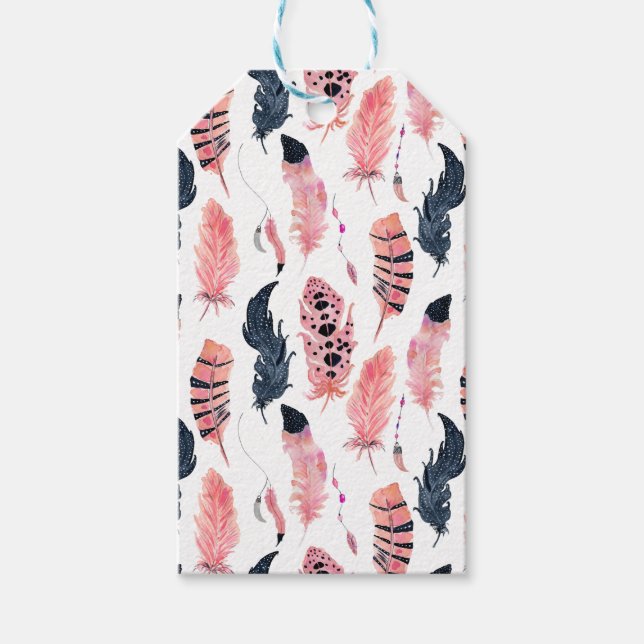 Étiquettes-cadeau Plumes rose Boho (Devant)