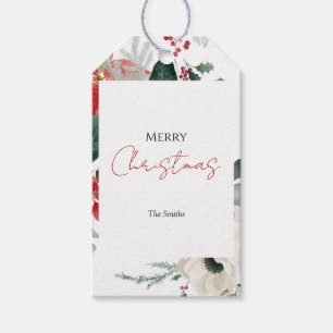 Étiquettes-cadeau Poinsettia aquarelle et fleurs blanches de Noël F