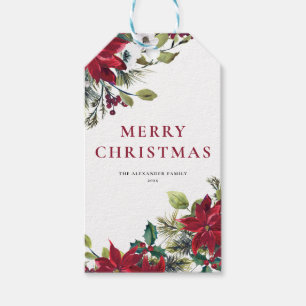 Étiquettes-cadeau Poinsettia d'aquarelle et Noël de feuille de sapi