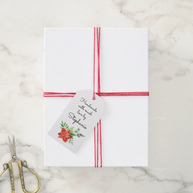 Étiquettes-cadeau Poinsettia fait main avec amour Nom Noël (Avec de la ficelle)