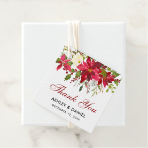 Étiquettes Cadeau Poinsettia Floral Carré Mariage Merci rouge