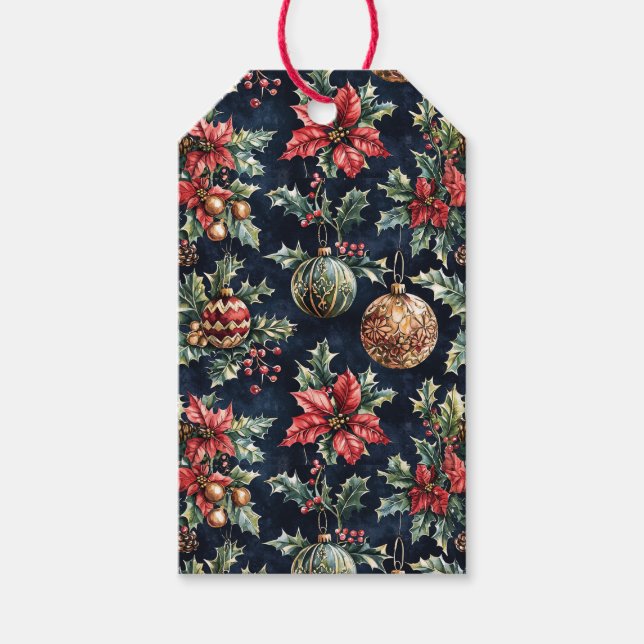 Étiquettes-cadeau Poinsettias and Ornaments (Devant)