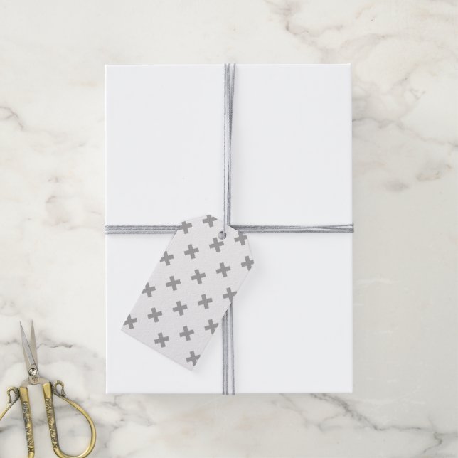 Étiquettes-cadeau Points de croix gris sur fond blanc (Avec de la ficelle)